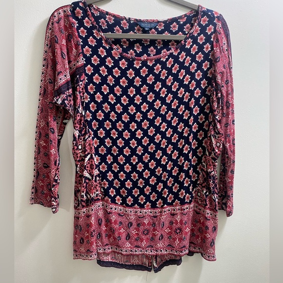 Lucky Brand Red and Navy Border Floral Bandana Print High Low Back Slit Tunic - Picture 2 of 5